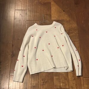 a new day White Knit Crewneck Sweater with Red Heart Print